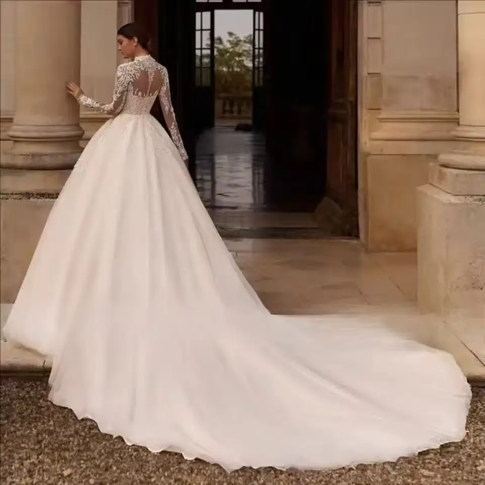 Customized Elegant V-Neck Women Wedding Dresses Lace Long Sleeves Tulle Princess A-Line Bridal Gowns Vestidos De Novias