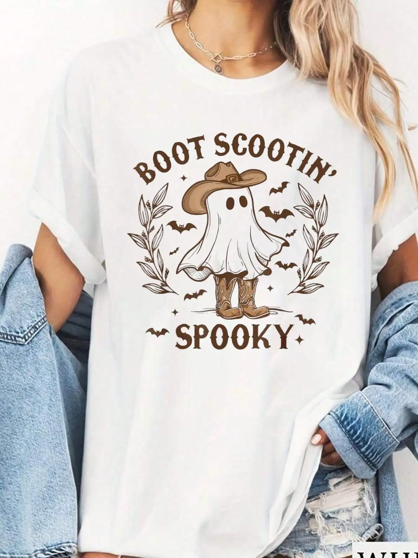 الغربية هالوين البقرة شبح التمهيد سكوتين مخيف الجرافيك القمم القطن ريترو تي شيرت قصير الأكمام قميص للنساء هدية عيد الهالوين