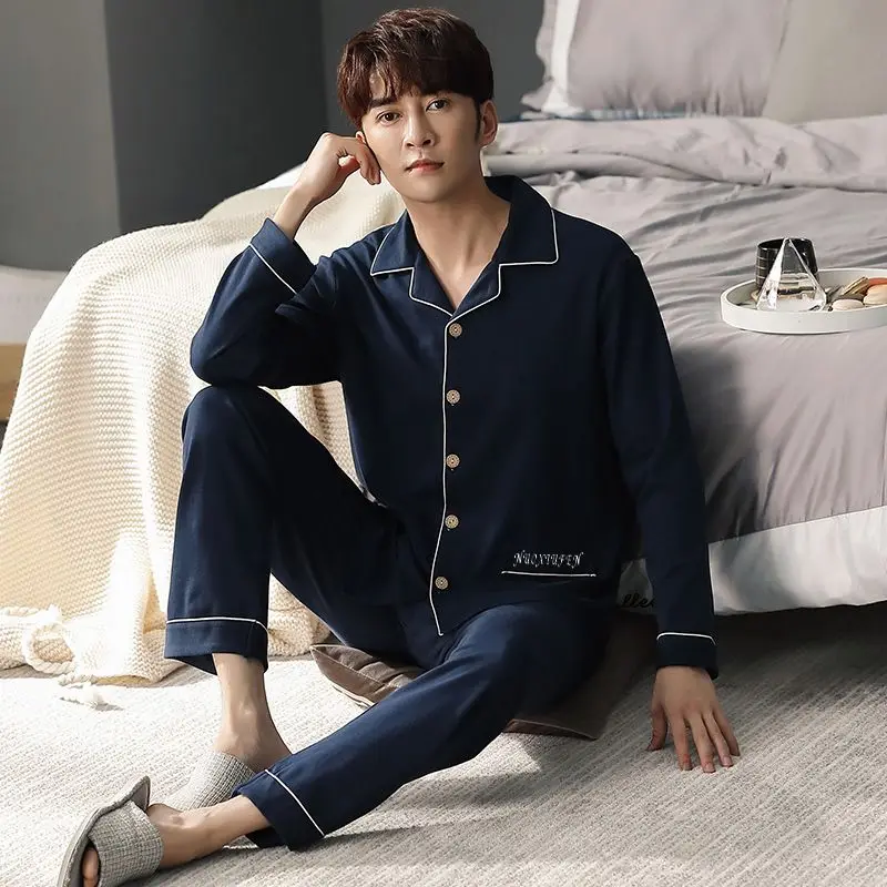 2026 Spring Autumn Plus Size Long Sleeve Cotton Pajama Set for Men Korean Loose Sleepwear Suit Pyjama Male Homewear Home Clothes