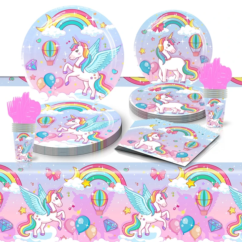 

Rainbow Unicorn Disposable Tableware Set Kids Girl Unicorn Theme Birthday Party Decoration Favors Paper Plates Cups Supplies New