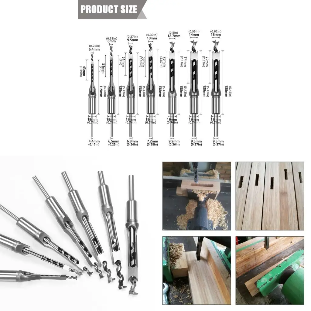 

7pcs Professional Mortise Drill Bit Set Square Hole Деревообработанное долото