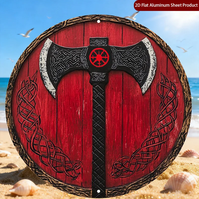 CIFBUY Celtic Knot Viking Axe Round Metal Sign 2D Flat Aluminum Wall Art Waterproof Rustic Decor For Home Garage Cafe