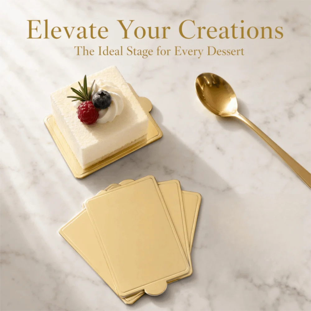 300pcs Portable Cardboard Mousse Cake Board Rectangular Gold Cake Dessert Board Glossy 100x60mm Pastry Cake Board Cake Slices