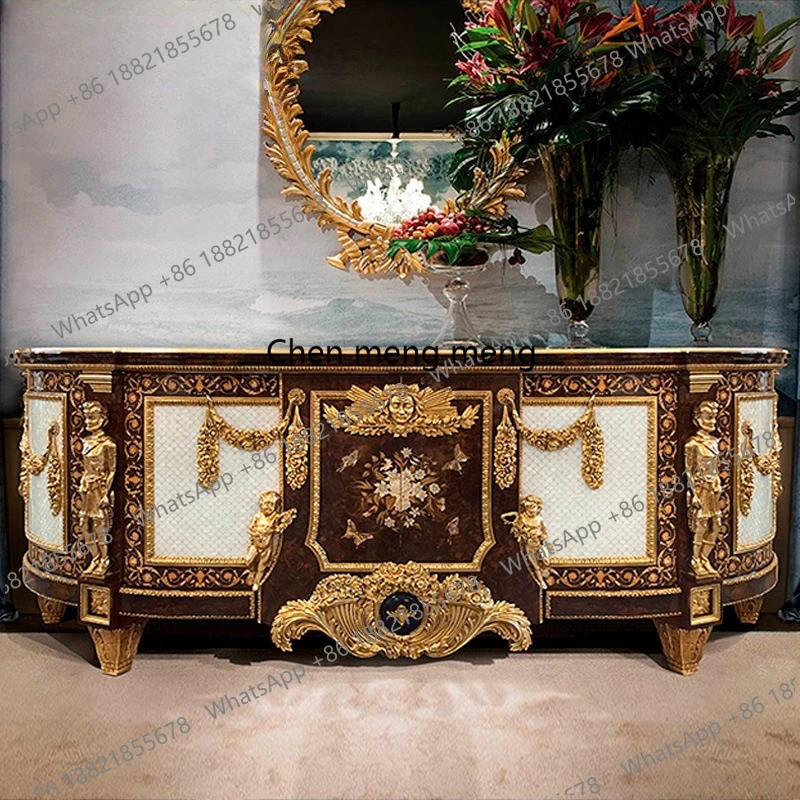 European Style Solid Wood Villa Hand-Carved Inlay Sideboard Entryway Storage Cabinet