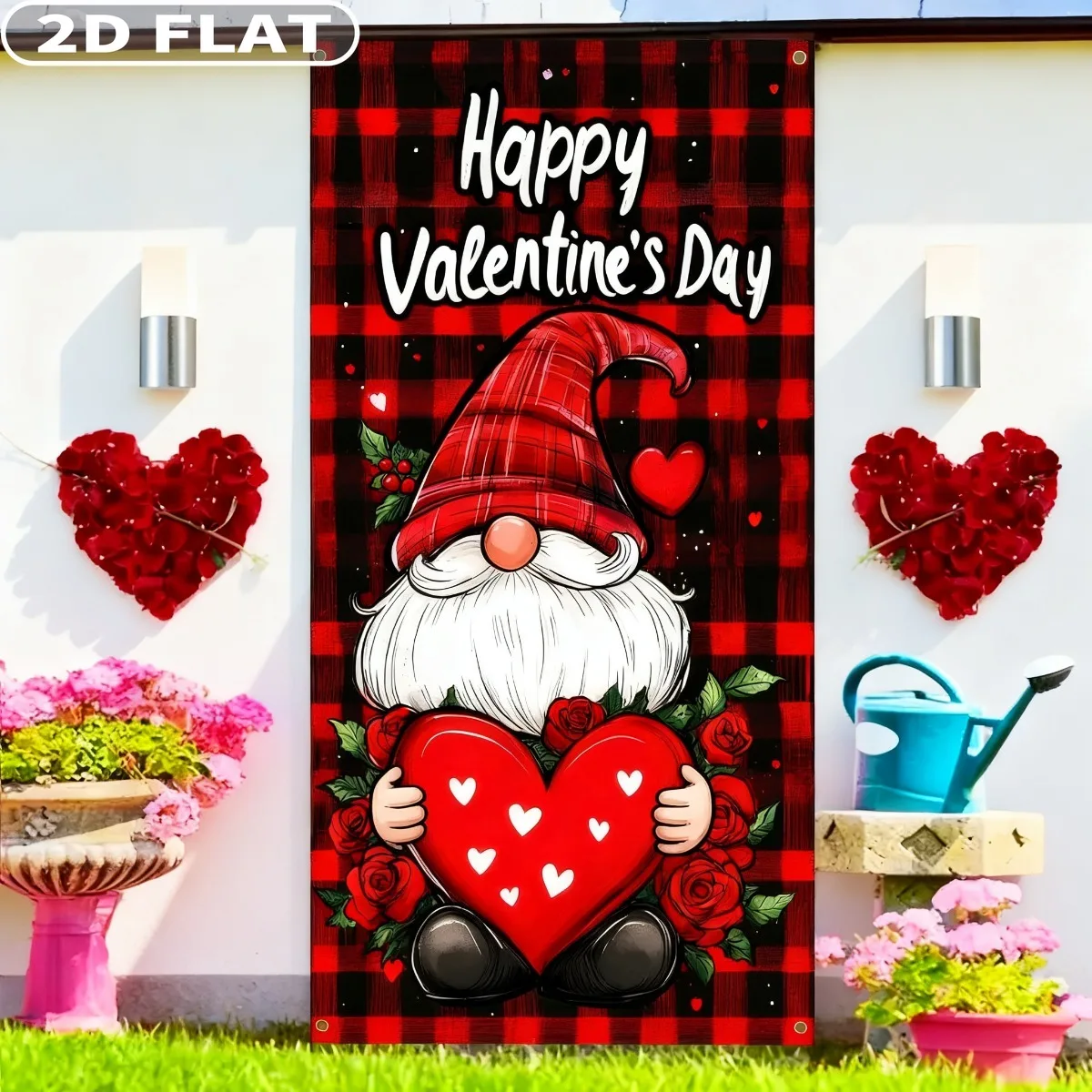 

2D FLAT 1pc Happy Valentine’s Day Door Cover Tapestries Gnome Door Cover Valentines Gnome Door Hanging Banner Backdrop 3x6 FT