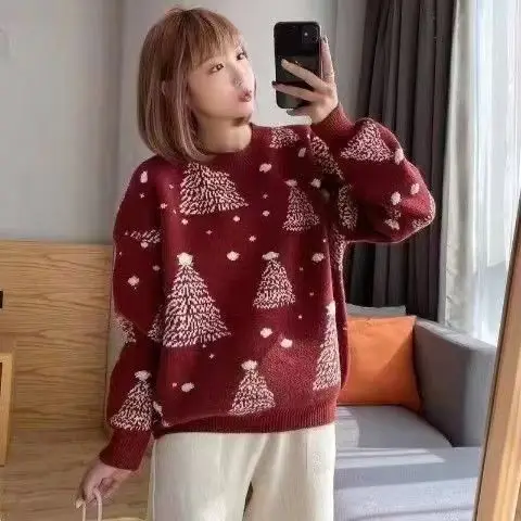 Artistic Retro Winter Christmas Tree Sweater Korean Loose Knit Sweater Womens Long Sleeve Jumpers American Fashion Sweater 2026
