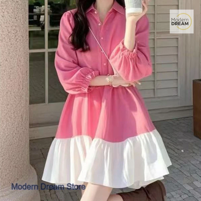 

Korean style pastoral style wearing a pink contrast shirt dress women's spring and summer new luxury Joker design casual skirt.