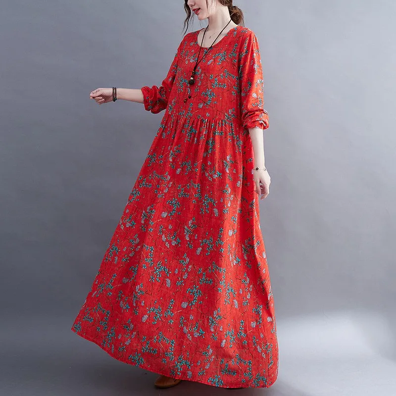 Ele العرقية طباعة طويلة الدكتور فضفاض المناسب المرأة حجم كبير ربيع الخريف جديد Sle المتدفقة رداء Sle ثوب القطن