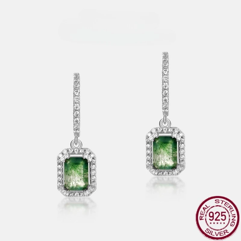 

New S925 sterling silver green moss stone water grass agate earrings European and American fashion wedding jewelry