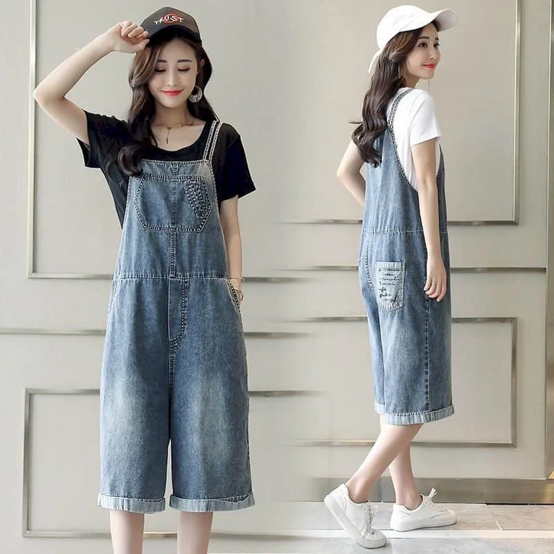 Denim Jumpsuits for Women Casual Playsuits Solid Vintage Printed Pocket Overalls Loose Rompers One Piece Outfits Women Clothing