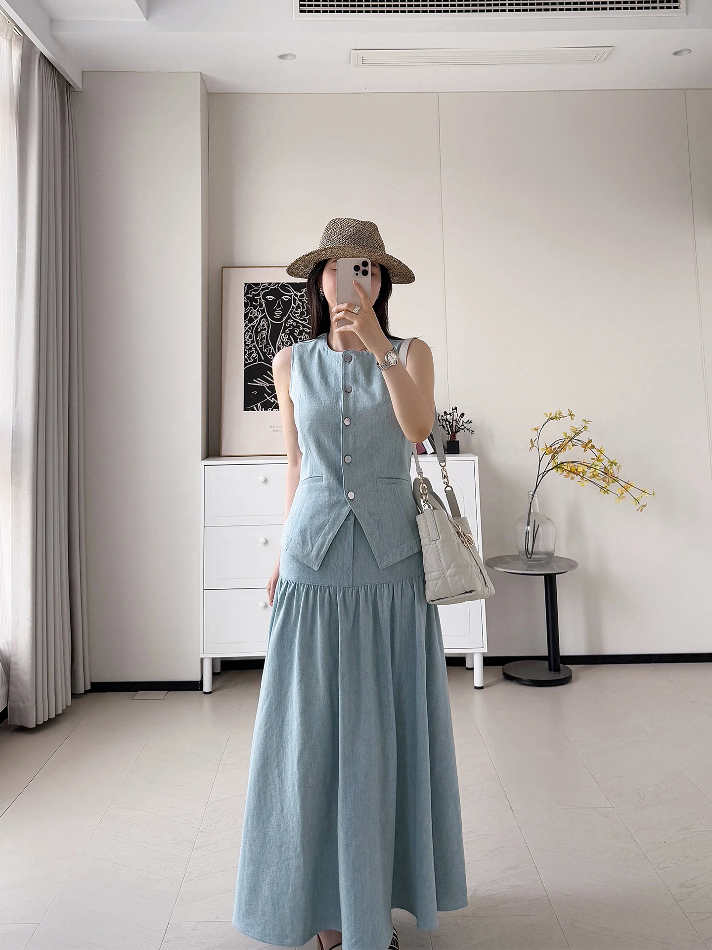 

Оригинальный C! Комплект из джинсовой жилетки Salt Air Thin и юбки миди А-силуэта из чистого хлопка, женский повседневный костюм-двойка