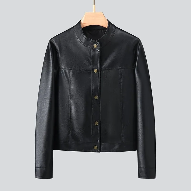 Haining jaqueta de couro feminina casaco curto petite estilo coreano emagrecimento retro gola alta couro primavera e outono novo estilo