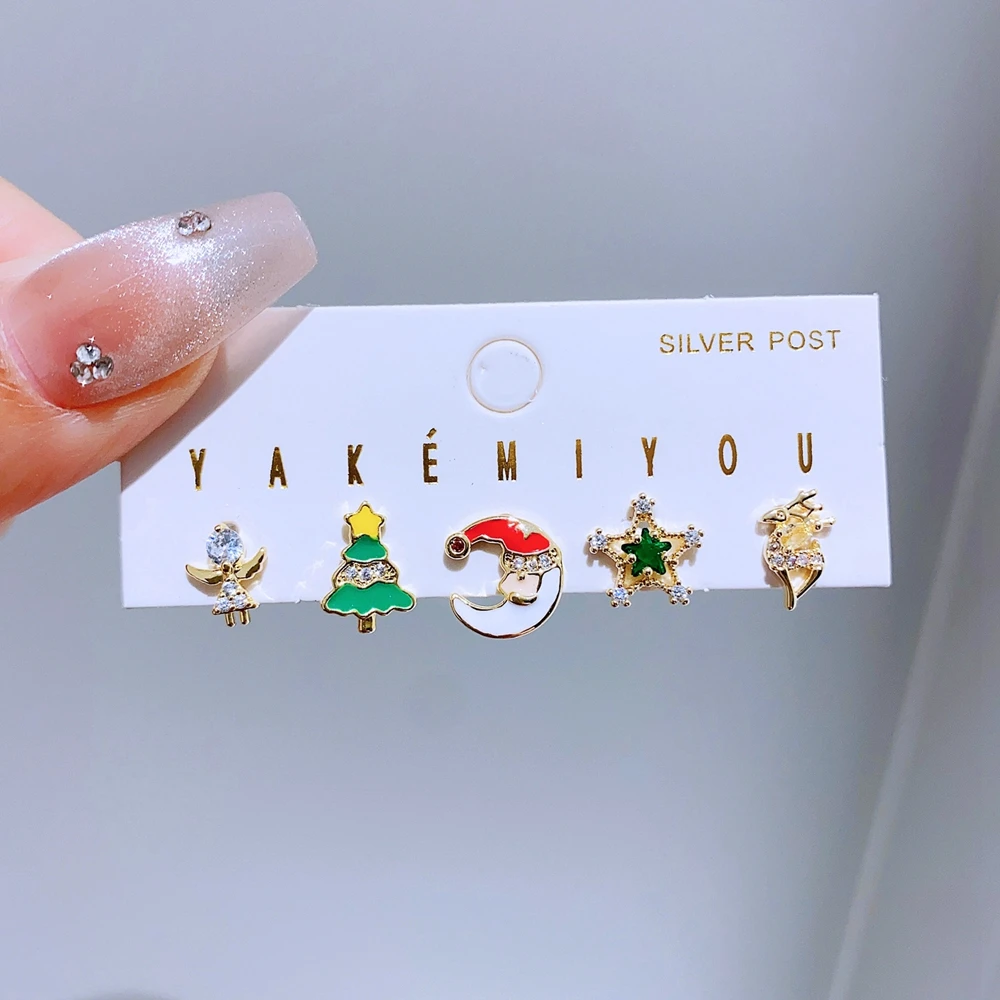 5pcs/set Mixed Christmas Stud Earrings Gold Color Plated Women Girls New Year Gift Jewelry