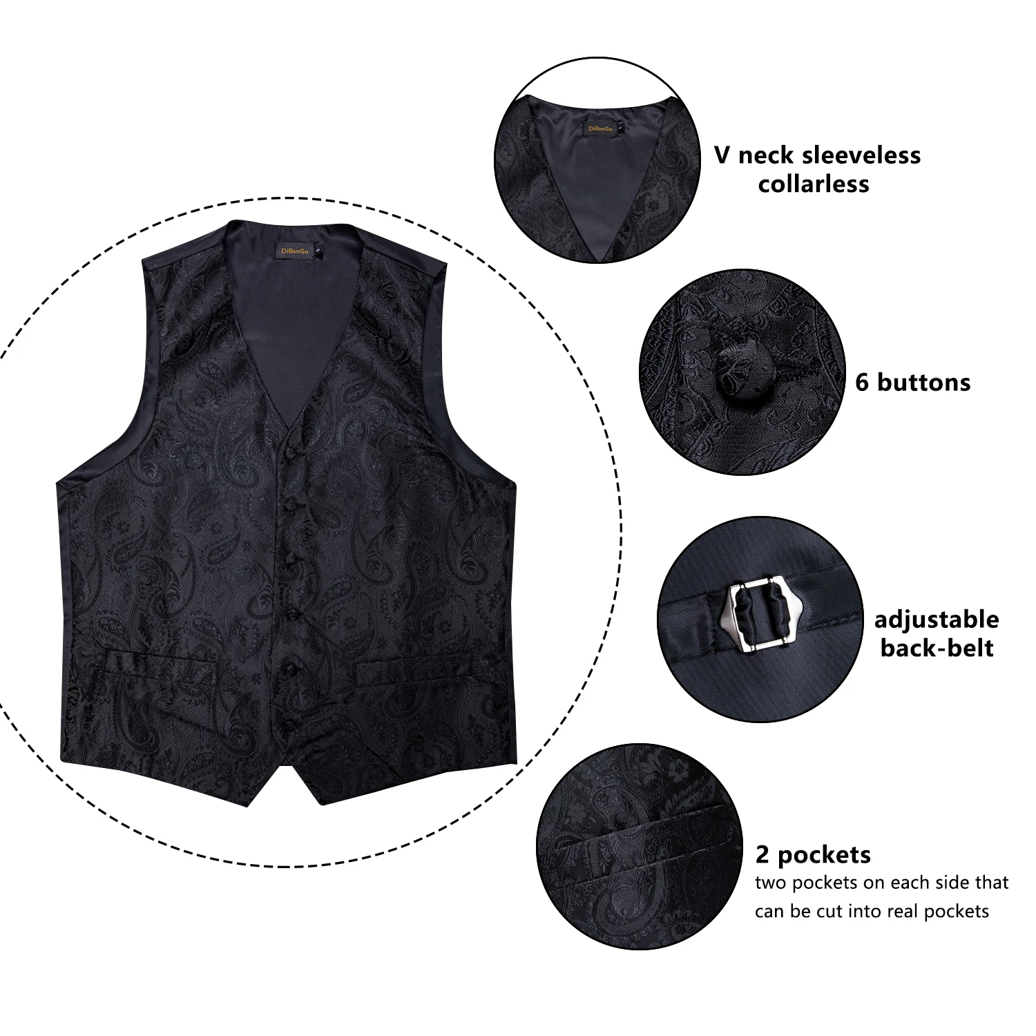 Men Classic Black Paisley Vest Set for Wedding Party Business Fashion V-neck Waistcoat Men Necktie Bow Tie Handkerchief Cufflink