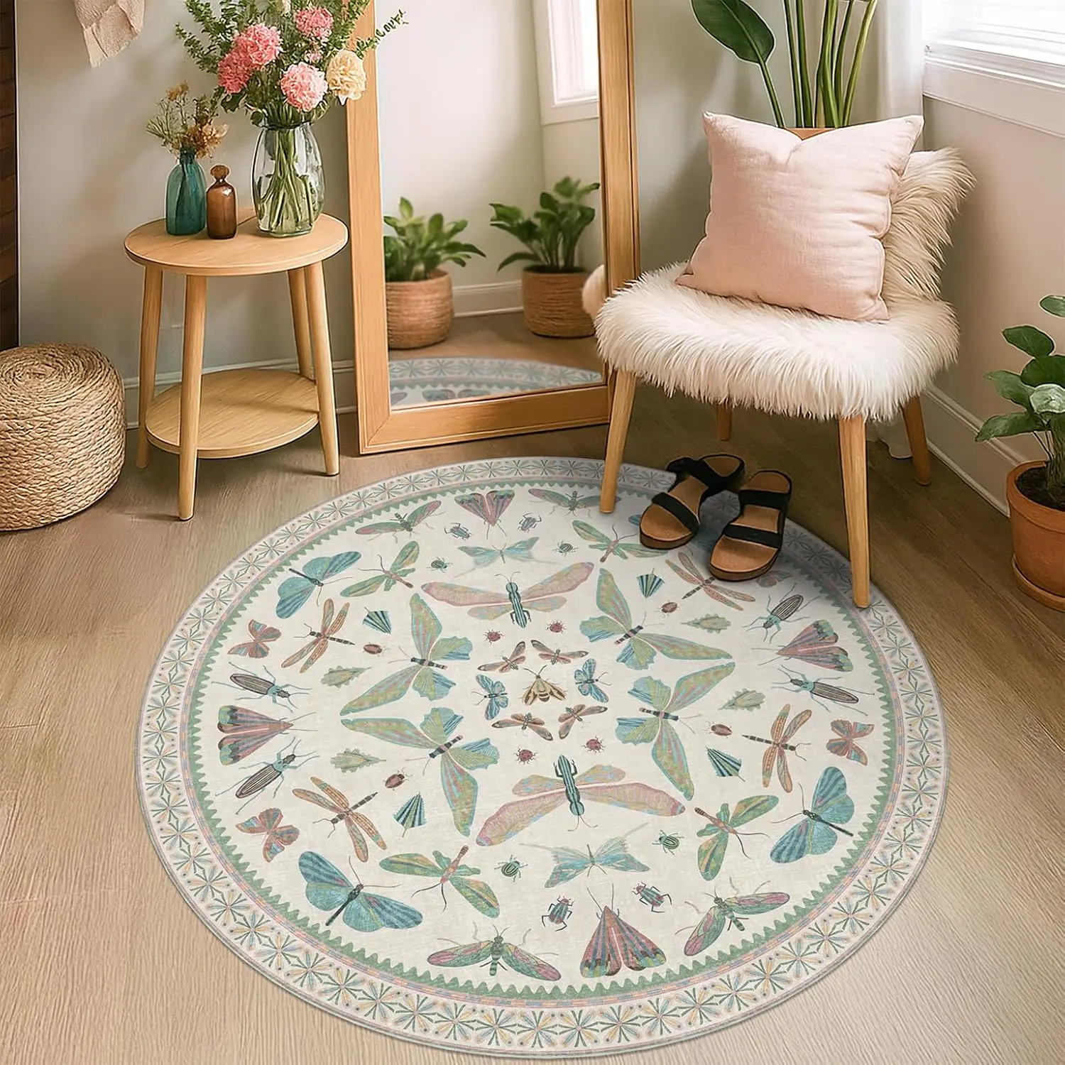 Dragonfly Butterfly Round Area Rug Dark Green Mandala Circle Carpet Washable Non Slip Vintage Living Room Floor Decor
