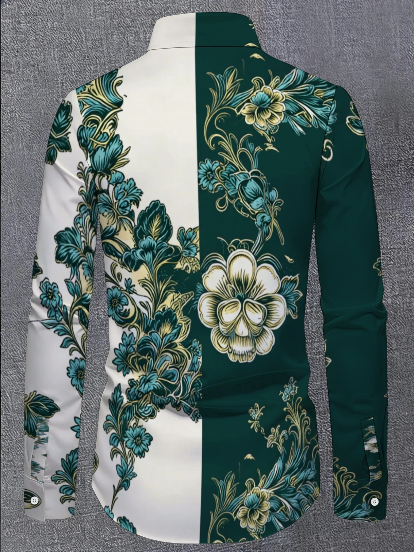 Men Long Sleeve Button Down Shirt Green White Split Gold Baroque Floral Print Polyester Lapel Collar Party