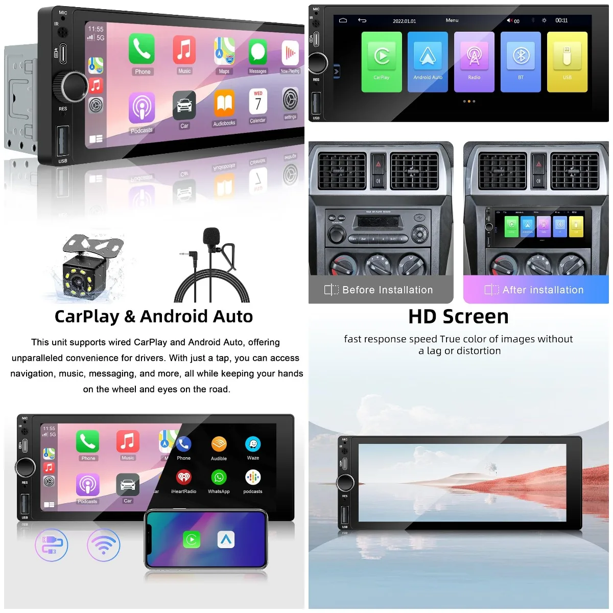 

6.86 Inch Car Radio with Apple CarPlay & Android Auto, Type-C USB, Bluetooth, Backup Camera, FM Radio