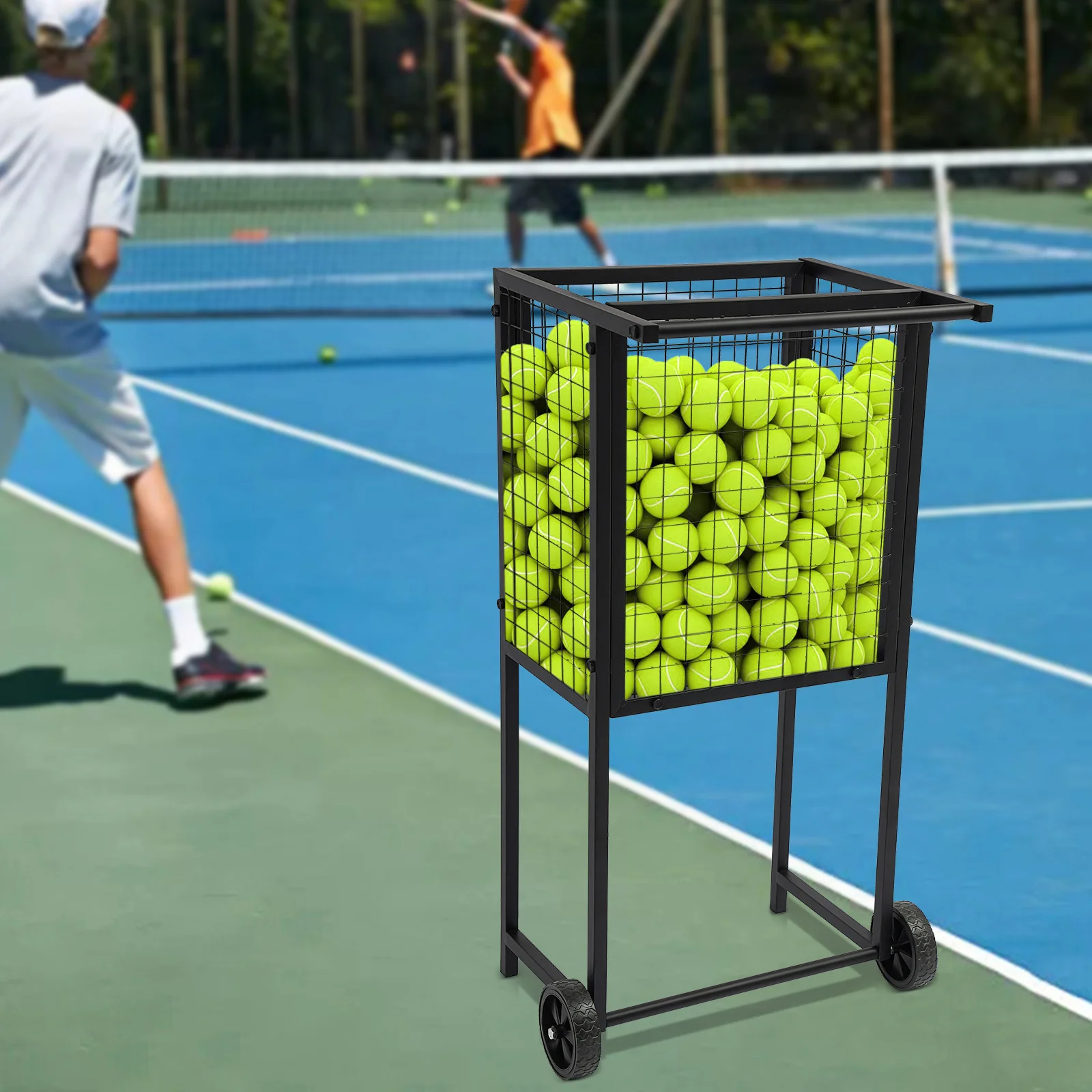 

Tennis Ball Cart, Black Carbon Steel 55*42.5*100cm Rolling Cart for Tennis Balls, Free Standing Professional Tennis Cart