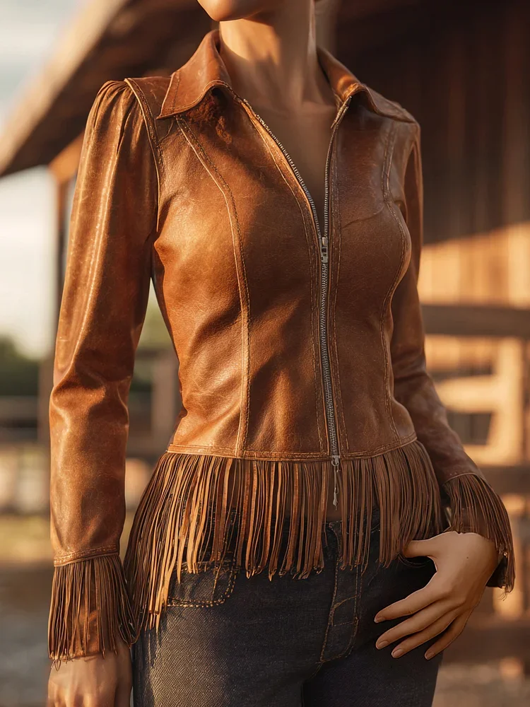 Westerse PU lederen overhemdkraag Fringe zoom rits jas jas voor vrouwen lange mouw High Street jas herfst nieuwe dame bovenkleding