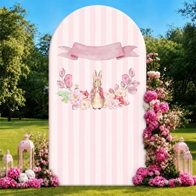 

Single Side Arch Backdrop Cover Elegant Pink Striped Backdrop Featuring Bunny Amidst Floral Arrangements with Ribbon Banner