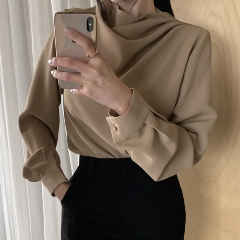 

Ele Chic Pure Color Long Sve round Ne Loose Casual irt Women's Top Spring Trendy Folded Sensation Versatile Outfit