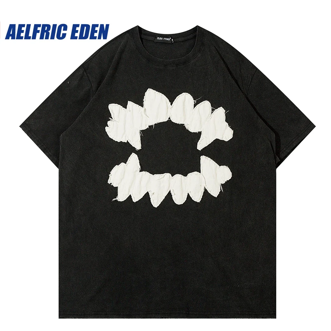 

Aelfric Eden 2023 Summer Vintage Mens Tshirts Y2K Grunge Hip Hop Ripped Embroidery Teeth Patch Tee Streetwear Harajuku Punk Tops