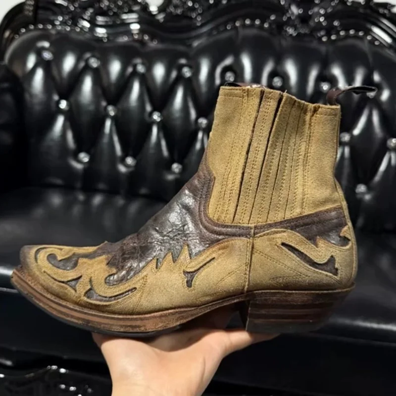 Retro khaki Suede Patchwork Totem Chelsea Boots For Men Handmade Pointed Toe Chunky Heel Ankle Boots Super Cool Men's Boots