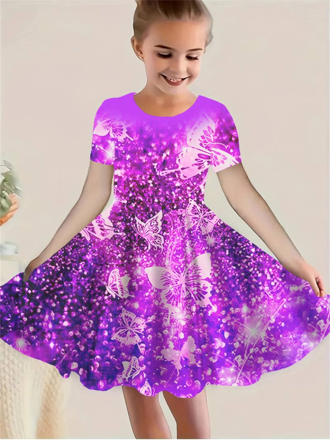Little Girls A-line Dress, Shimmer Purple Glow Butterfly Graphic Short Sleeve Dress for Holiday & Daily Wear