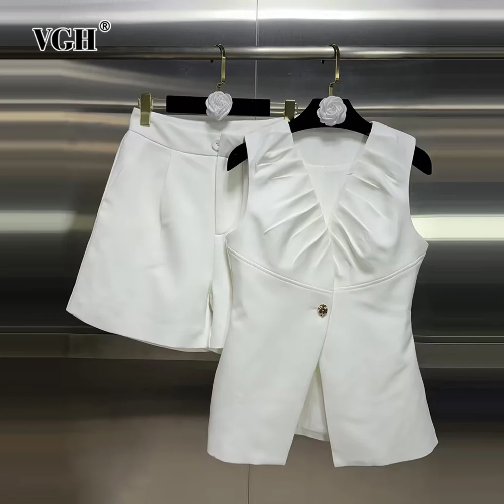 VGH Casual Two Piece Set For Women V Neck Sleeveless Spliced Folds Waistcoats High Waist Shorts Minimalist Slimming Sets Female