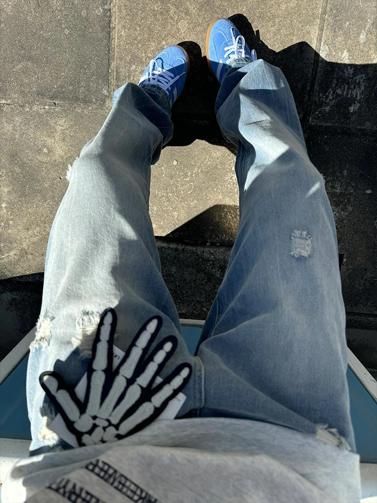 

Retro Blue Men's Loose Straight Leg Jeans with Lightning Pattern And Hole American High Street Sle Spring Autumn Trendy Jeans