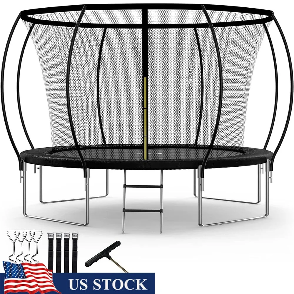 

12FT Trampoline Kids with Safety Enclosure Net Wind Stakes Max Weight 400LBS Rustproof Steel Durable Fun Outdoor Play