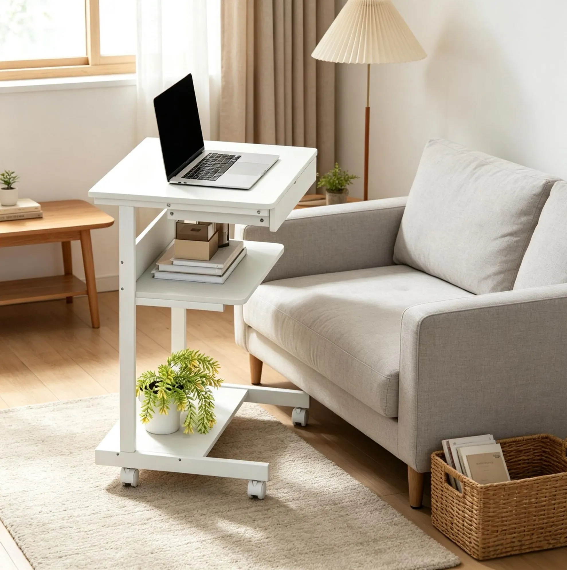 Bureau d’ordinateur blanc avec rangement, tiroir, étagère et support pour processeur, dimensions : 56 x 51 x 79 cm, sur roulettes, pour une utilisation au bureau et à la maison.