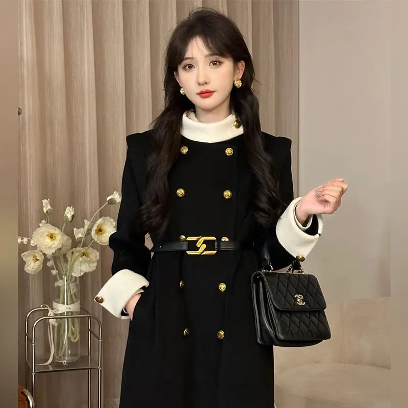 Temperament advanced sense splicing black medium and long coat women's French double-breasted woolen coat