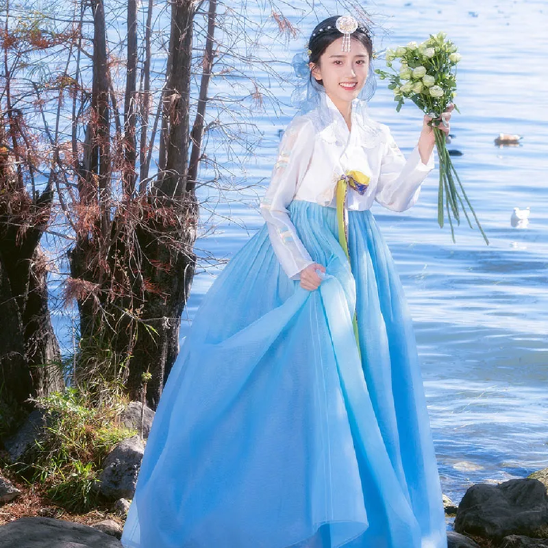 Hanbok-vestido tradicional de gasa azul para mujer, traje de corte coreano para boda, Kimono, ropa de las islas de Asia y el Pacífico, 2023