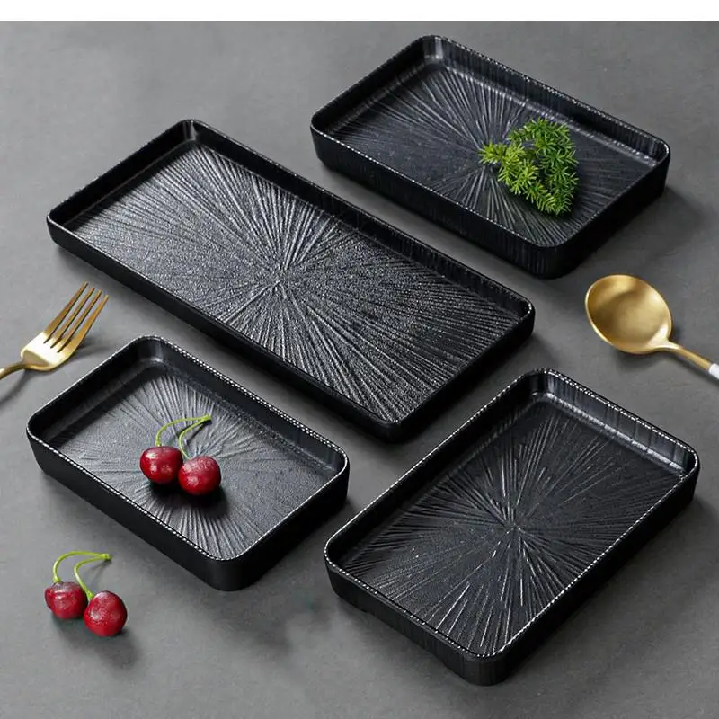 Black Striped Plastic Dinner Plate, Food Grade, Melamine Tableware, Handle Disc, Used for Outdoor Barbecue, Not Fragile