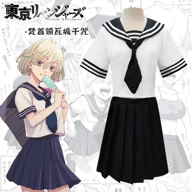 Disfraz de Cosplay de Senju Kawaragi de Tokyo Revengers, Traje de Marinero de Anime en Blanco y Negro, Disfraz de Halloween con Peluca JK para Mujeres y Niñas. OJ6/
