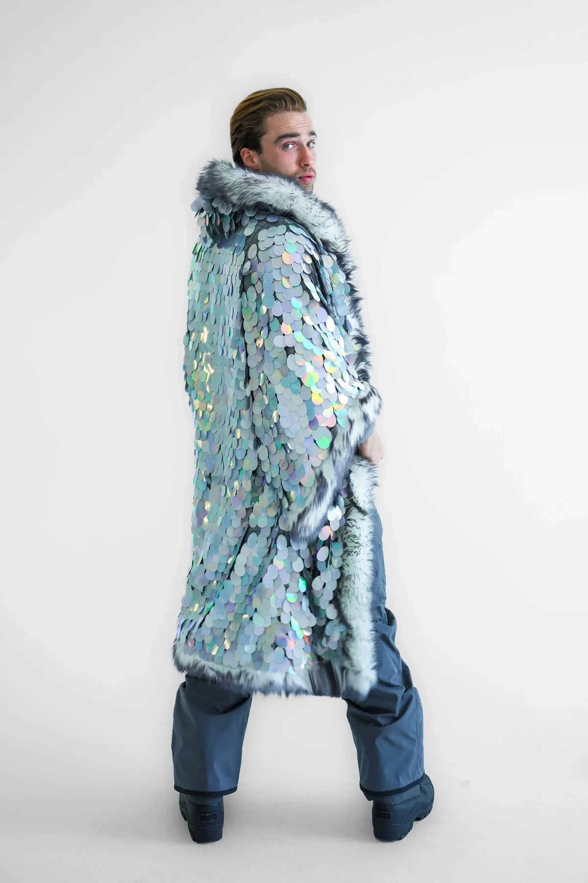 Men Silver Sequin Jacket Faux Fur Patchwork LED Luminous Costume Multiple Scenarios Men\'s Faux Fur Coat Stage Dance Clothes