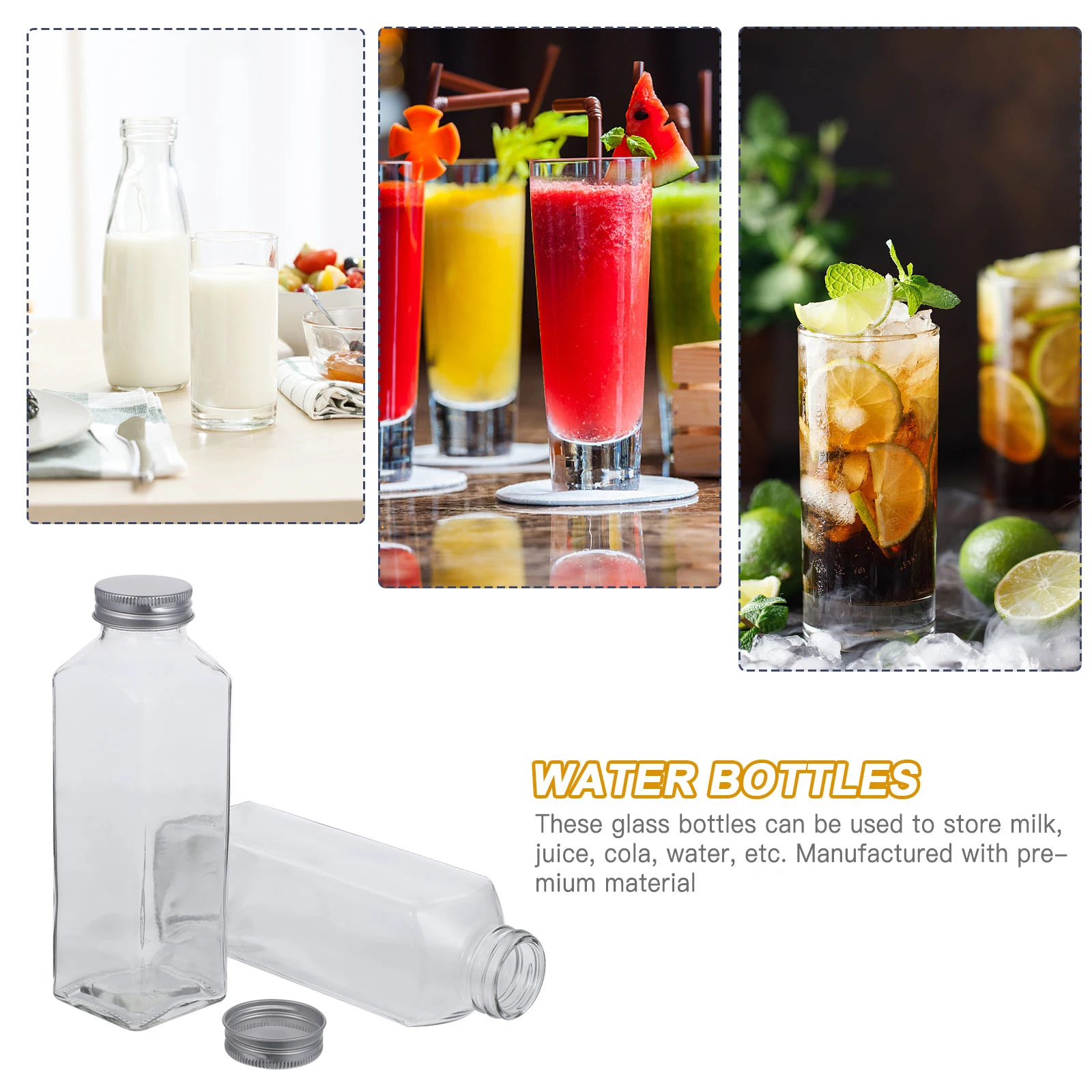 

6Pcs Reusable Glass Milk Bottles Transparent Smooth Lid Juice Water Bottles for Restaurants Cafe Home Use