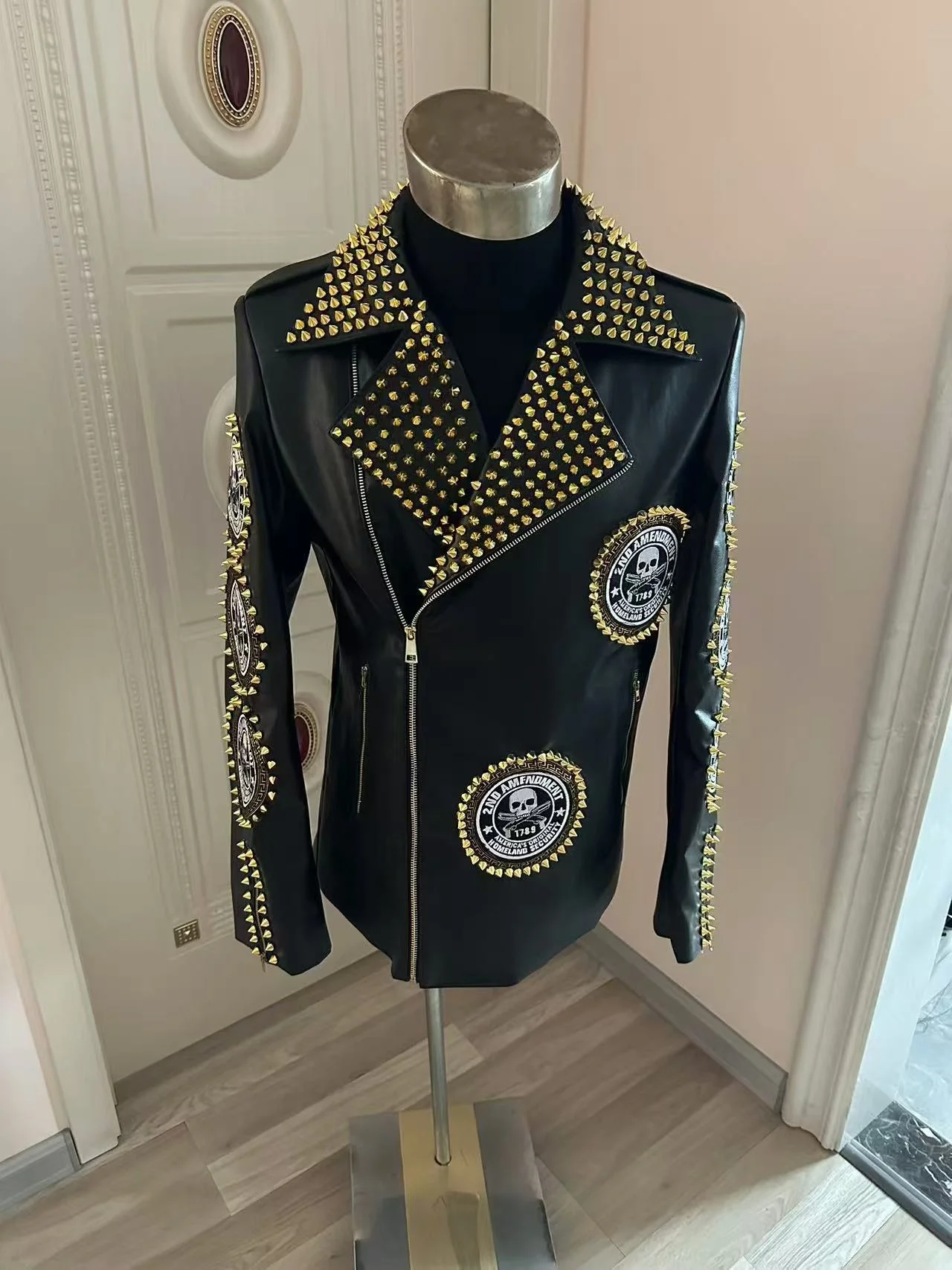 Personality Punk style Cool Leather Jacket Skull Print Rivets Motocycle Jacket Party Bar Club Dancewear Stage Show Costumes