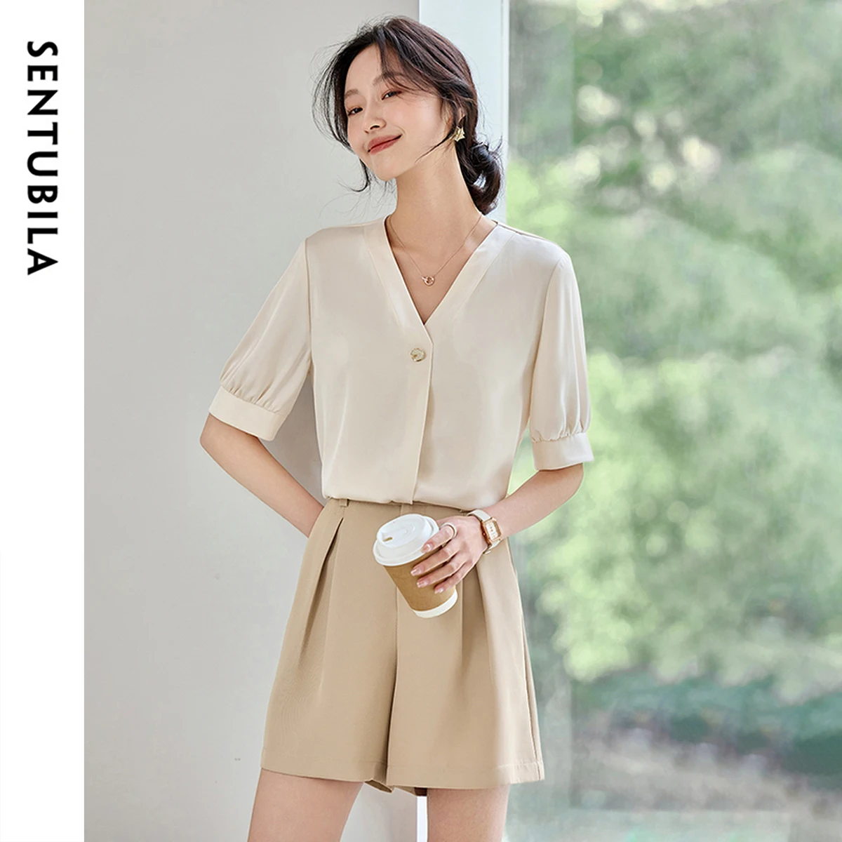 SENTUBILA Women's Commut V-neck Chiffon Blouse 2025 Summer New Fashion Loose Button  Solid Color Top Women's Clothing 152V80192