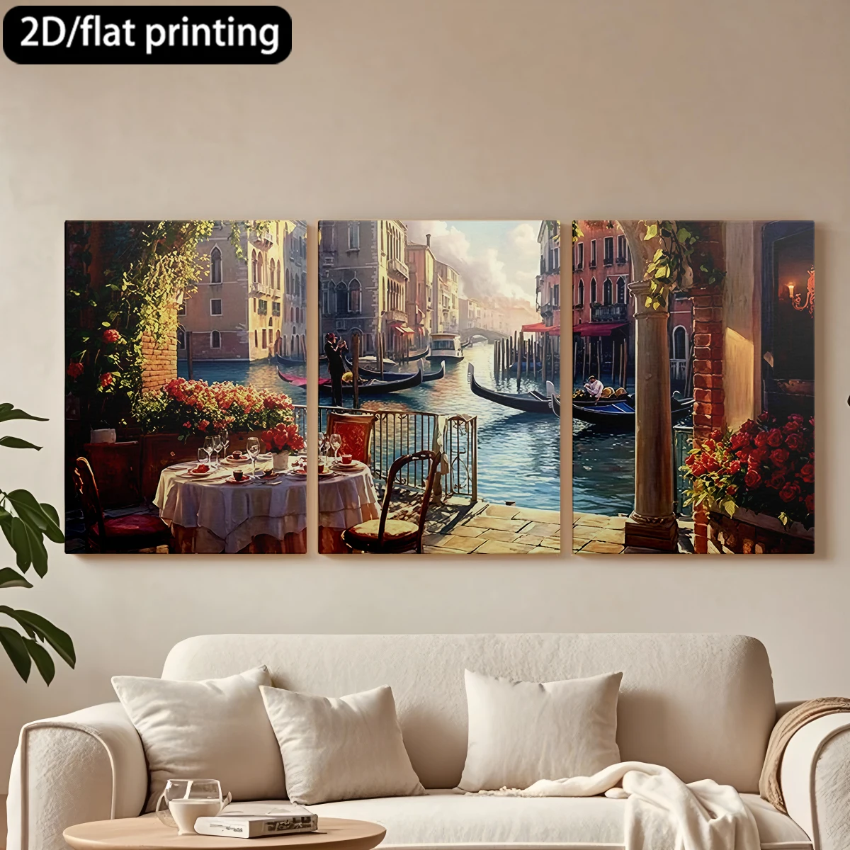 

2D плоская печать, набор из 3 картин на холсте в деревянных рамах: обеденный зал на крыше, венецианские каналы, цветы.