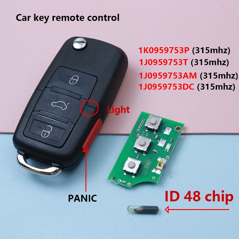 

1J0959753T/AM/DC 315 МГц ID48 1K0959753P 4-кнопочный автомобильный брелок для VOLKSWAGEN/VW Beetle Golf EOS Passat Jetta GTI R32 CC