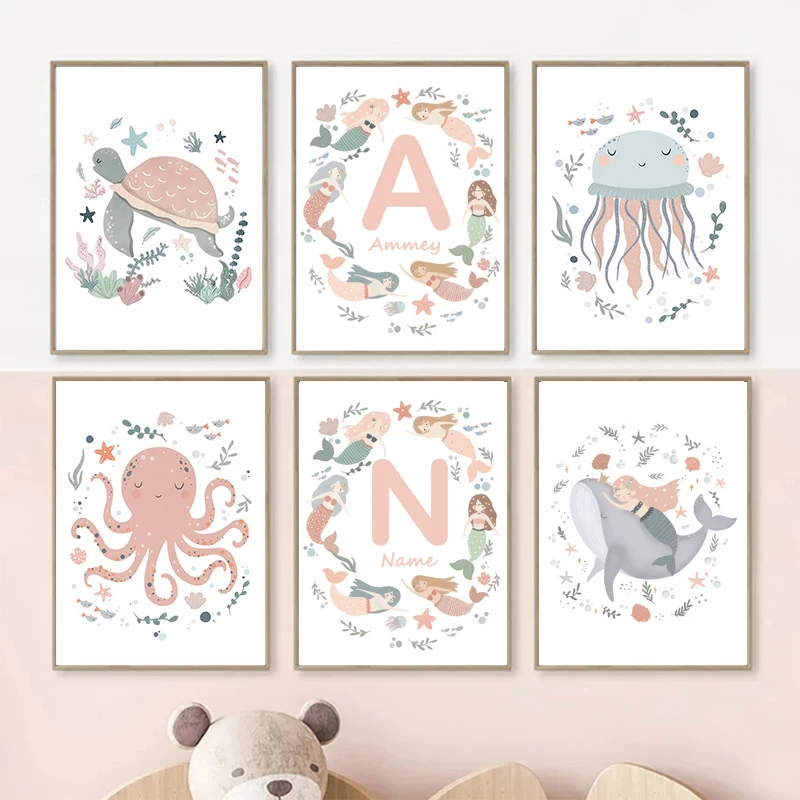 Ocean Whale Sea Turtle Mermaid Nursery Wall Art Canvas Painting Pink Cute Animal Posters Pictures for Baby Girl Room Home Dec