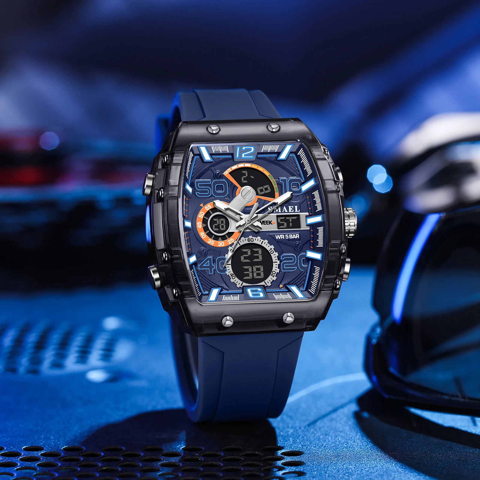 SMAEL 8109 Nuevo Reloj Deportivo Cuadrado de Doble Pantalla para Hombre - Resistente al Agua 50M, Luminoso, con Alarma, Cronógrafo, Doble Hora, Correa de Silicona Multicolor