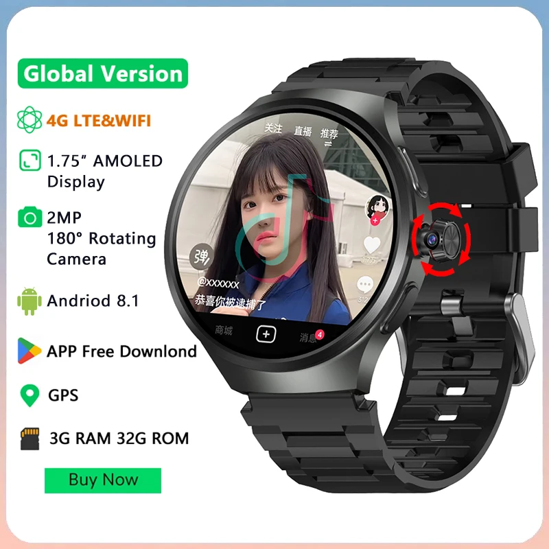 

AMOLED Smart Watch 4G Net Android With SIM Card Camera Support Call GPS WIFI Bluetooth Google Play Maps Smartwatch For Men Women