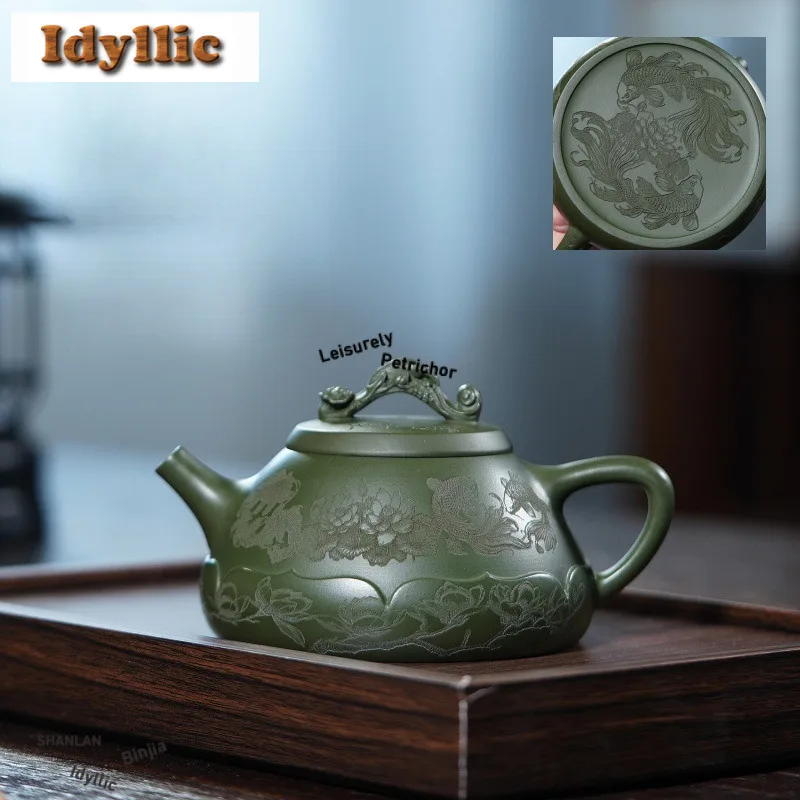 

350 мл Бутик Исин Фиолетовые глиняные чайники Ручной работы Горшок с рыбой кои Сырая руда Зеленая грязь Чайный заварочный чайник Чайный сервиз Zisha Посуда