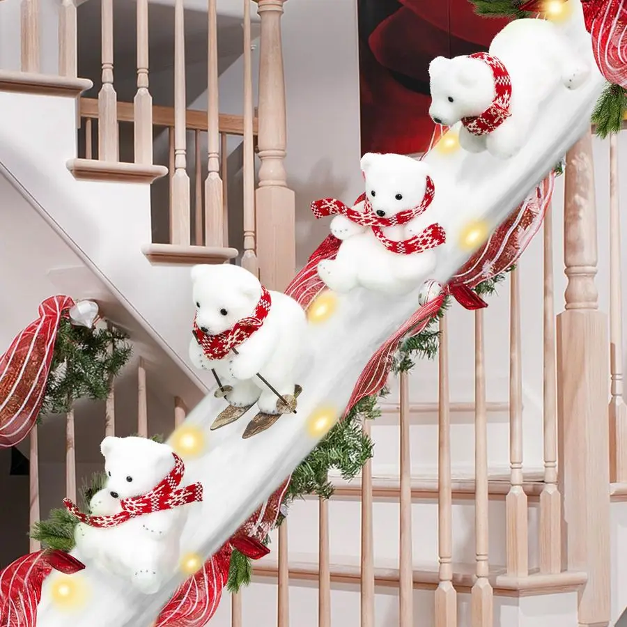 

Bear Christmas Staircase Decorations Set Banister Christmas Decorations with 4PCS Skiing Polar Bears amp Artificial Snow amp LED