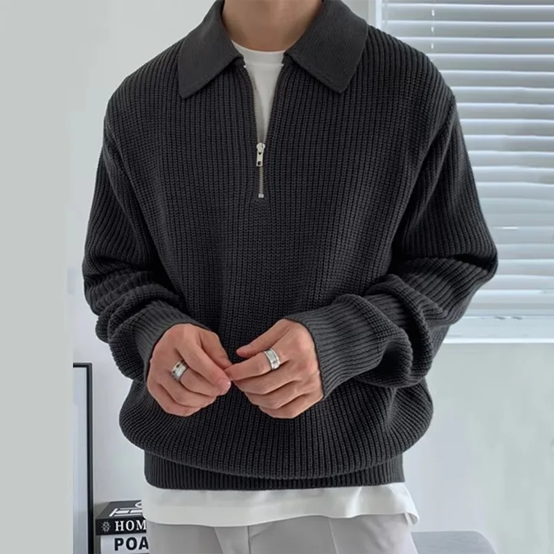 

Casual Design Knitted Men Pullover Spring Lapel Collar Loose Cotton Knit Men's Knitting Half Zip Sweater