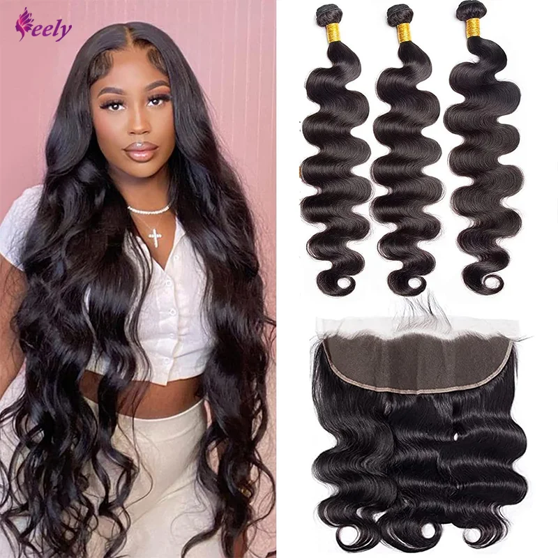 Brazilian Body Wave Bundles with Lace Frontal  Human Hair Bundles with 13X4 Lace Frontal Closure Body Wave Human Hair Extension