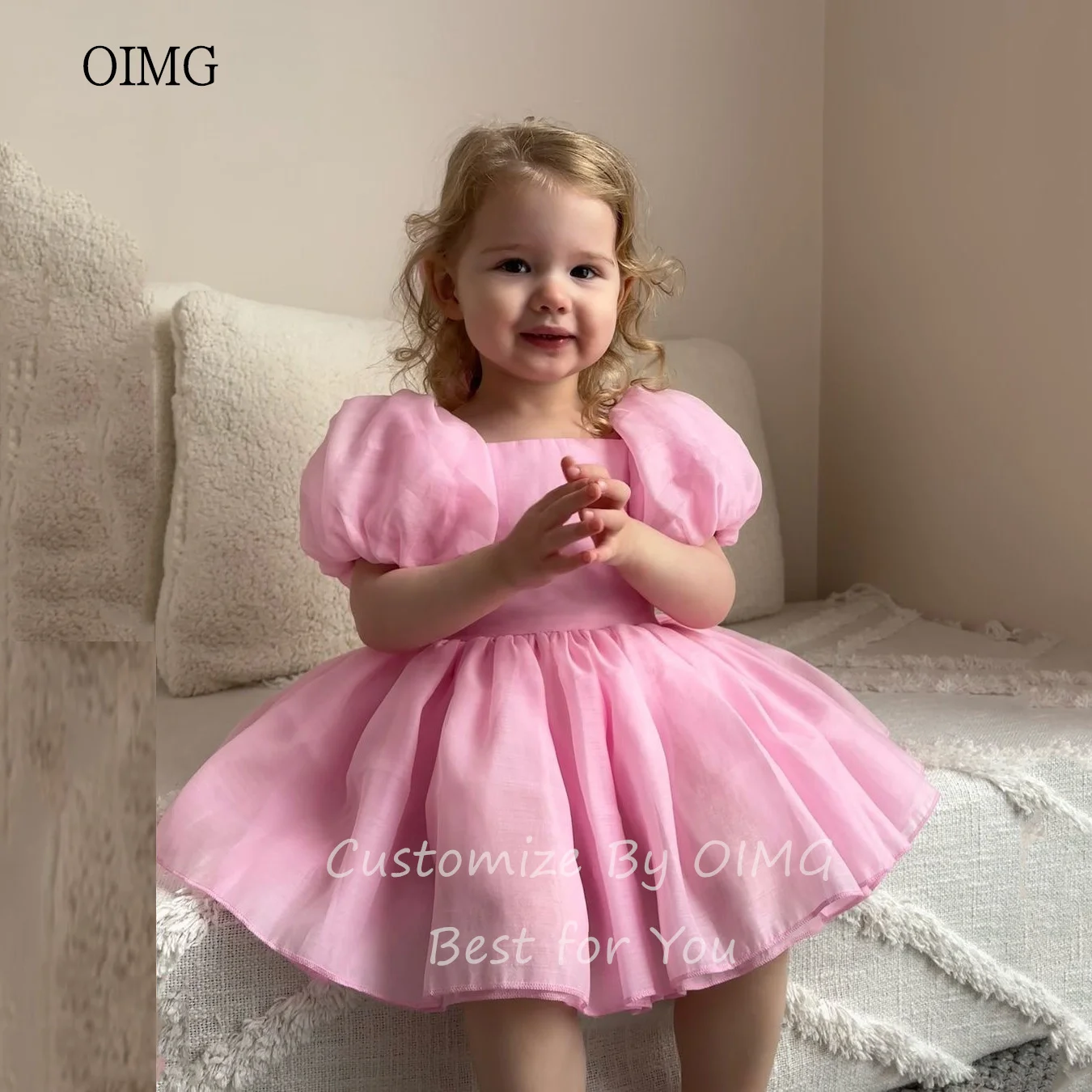 OIMG Pink Ball Flower girl Dresses Puff Sleeves Gown Wedding Party Dress Tulle Birthday Dress Customized